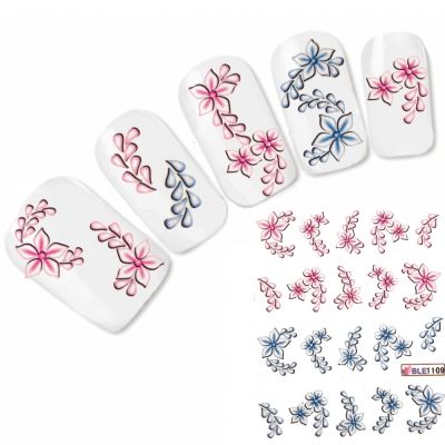 Nagel Sticker Tattoo Nail Art Blau Rosa Blumenzweige Aufkleber Neu!
