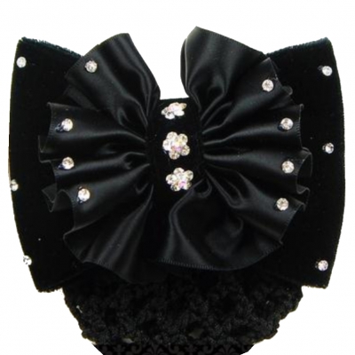 Haarclip mit Haarnetz mit Blüten und Strass-Steinchen bestückter Schleife