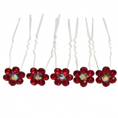5 Haarnadeln mit Strass Blüten Design in diversen Farben rot - rot