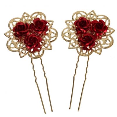 2 XXL Rosen Haarnadeln in rot – gold - 3