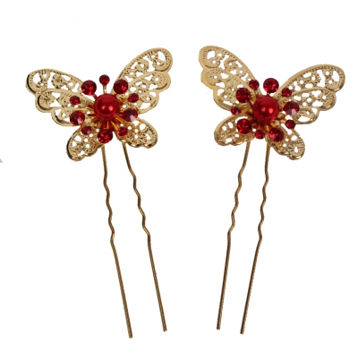 2 XXL Schmetterling Haarnadeln rot – gold - 1