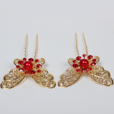 2 XXL Schmetterling Haarnadeln rot – gold - 2