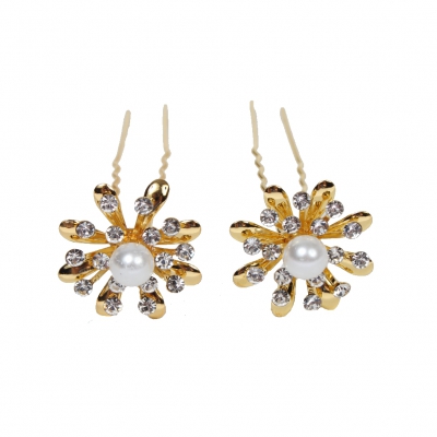 2 Haarnadeln Perlen Strass Blume Modell 2 weiß gold - 1