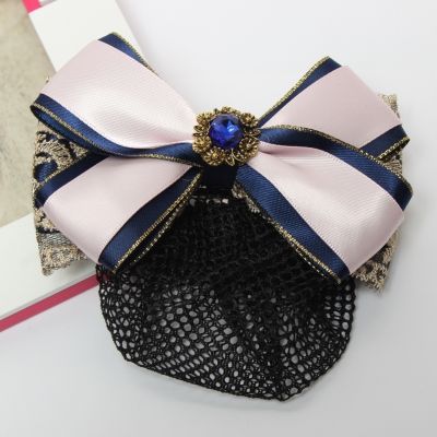 Haarclip mit Haarnetz Schleife Spitzenstoff Strass Blau Weiß