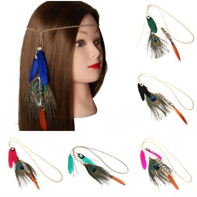 Geflochtenes Haarband Haarkette mit Pfau Feder Blau - 1