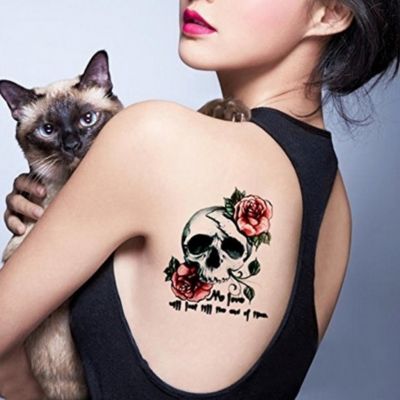Temporäres Tattoo Totenkopf Rosen Federn Design Temporary Klebetattoo Körperkunst - 3