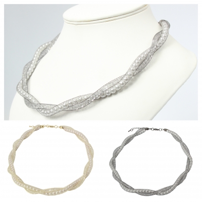 Halskette Netzschlauch Strass und Perlen Kette Silber - 1