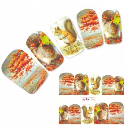Tattoo Nail Herbst Eichhörnchen Bunte Blätter Aufkleber Nagel Sticker