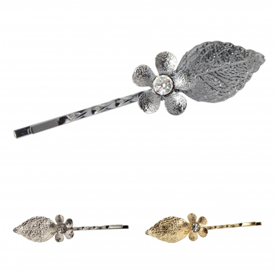 Metal Haarnadel Blatt mit Blume in der Farbe Gold - 1