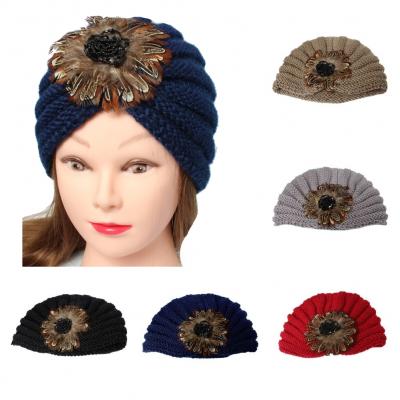 Damen Turban Kopfbedeckung Fashion Feder Blume Gestrickt
