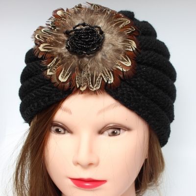 Damen Turban Kopfbedeckung Fashion Feder Blume Gestrickt Schwarz - Schwarz