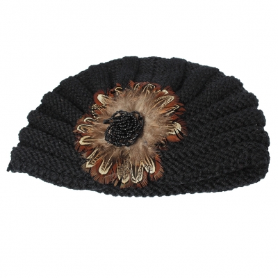 Damen Turban Kopfbedeckung Fashion Feder Blume Gestrickt Schwarz - 2