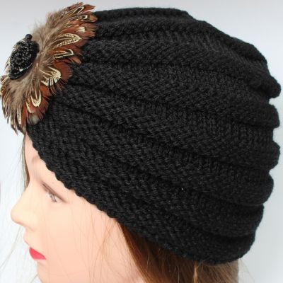 Damen Turban Kopfbedeckung Fashion Feder Blume Gestrickt Schwarz - 3