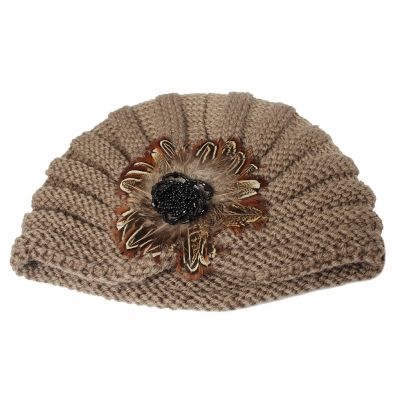 Damen Turban Kopfbedeckung Fashion Feder Blume Gestrickt Beige - 2