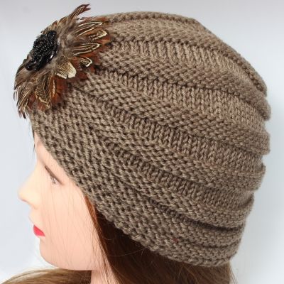 Damen Turban Kopfbedeckung Fashion Feder Blume Gestrickt Beige - 3
