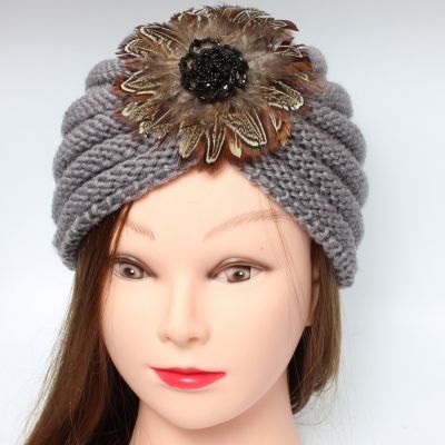 Damen Turban Kopfbedeckung Fashion Feder Blume Gestrickt Grau - Grau