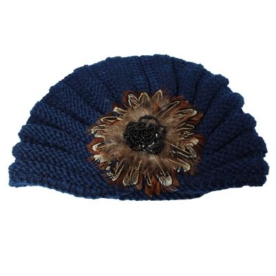 Damen Turban Kopfbedeckung Fashion Feder Blume Gestrickt Blau - 2