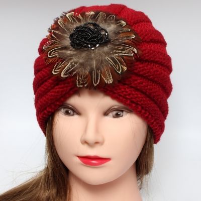 Damen Turban Kopfbedeckung Fashion Feder Blume Gestrickt Bordeaux - Bordeaux