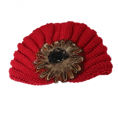 Damen Turban Kopfbedeckung Fashion Feder Blume Gestrickt Bordeaux - 2