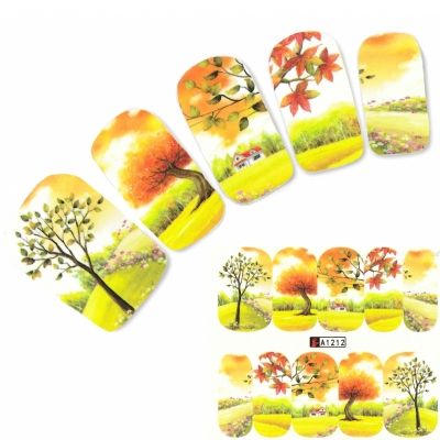 Tattoo Nail Art Aufkleber Bunte Blätter Bäume Wiese Nagel Sticker