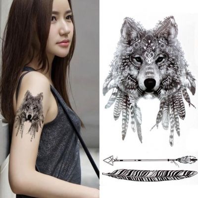 Temporäres Tattoo Wolf Design Temporary Klebetattoo Feder Körperkunst