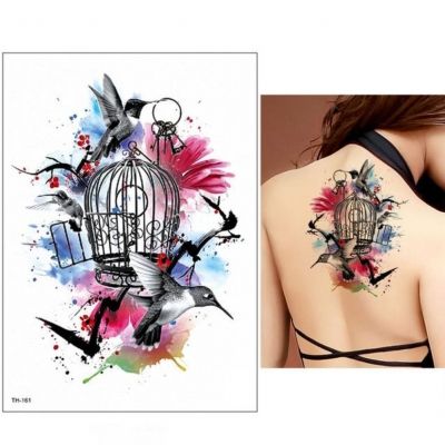 Temporäres Tattoo Kolibri Vogelkäfig Blume Design Temporary Klebetattoo Körperkunst
