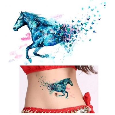 Temporäres Tattoo Pferd Schmetterling Blau Design Temporary Klebetattoo Körperkunst