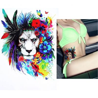 Temporäres Tattoo Löwe mit Federn Bunt Design Temporary Klebetattoo Körperkunst