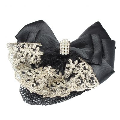 Haarclip mit Haarnetz Dutt Haarklammer Schleife Perlen Blume Bow Schwarz - 2