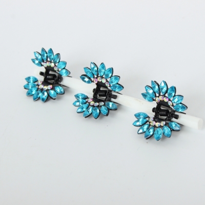 3 x Mini Haarklammern in Blüten Form mit Strass-Steinen bestückt Türkis - 3