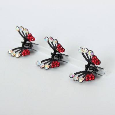 3 x Mini Haarklammern in Schmetterling Form mit Strass-Steinen bestückt Rot - 3