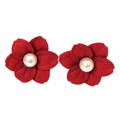 2 Große Blumen Haarnadel mit Perlen Braut Kommunion Hochzeit Hairpin Bordeaux - 2