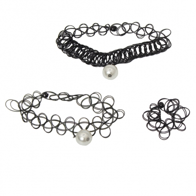 3er Set Halsband Armband Ring Perle Rund - 2