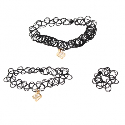 3er Set Halsband Armband Ring Strass Viereck - 2