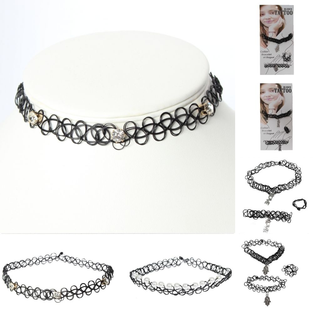 Tattoo Halsband Armband 3er Set Ring Strass Perlen Hand Love Gothic Choker  | eBay