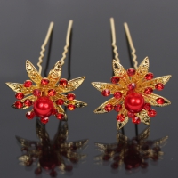 2 Haarnadeln Perlen Strass Blume Modell 4 rot gold